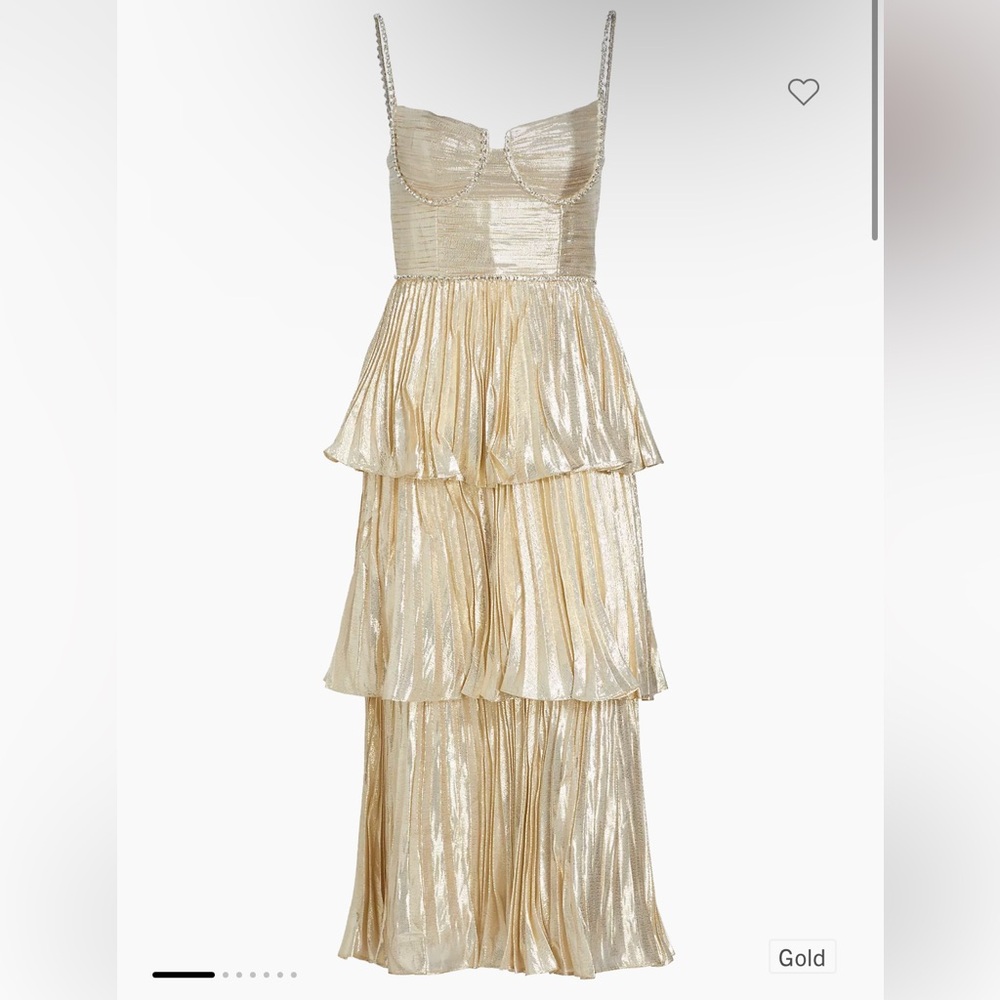 SELF PORTRAIT Gold Metallic Tiered Midi Dress ✨🌟
